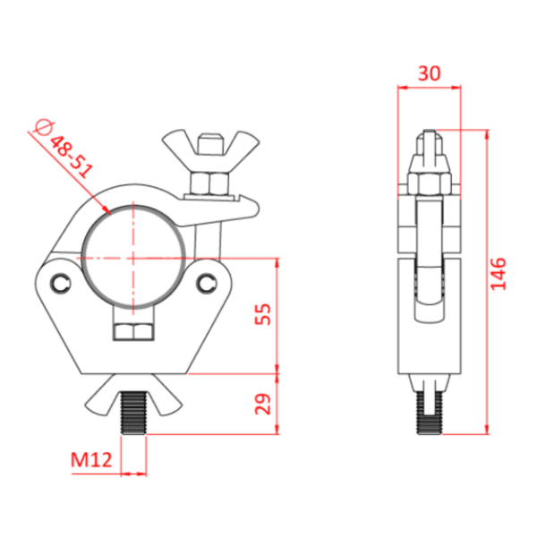 Slimline Black Doughty Hook Clamp With M12 Bolt 750kgs